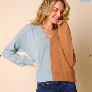 Revolve 27 Miles Malibu Simone cashmere sweater Lagoon Blue mocha  Colorblock S